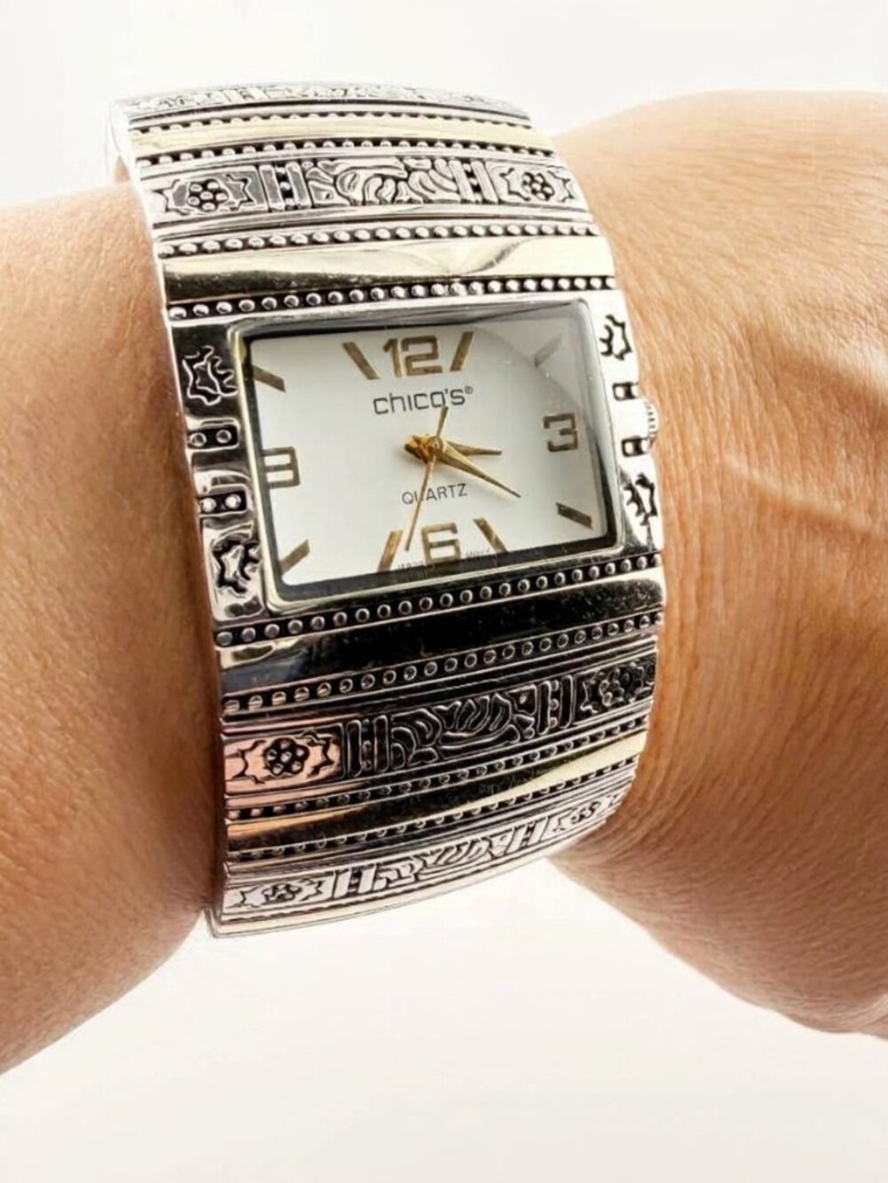 Chico’s Two Tone Textured Wide Cuff Watch Silver Gold Rectangle Face